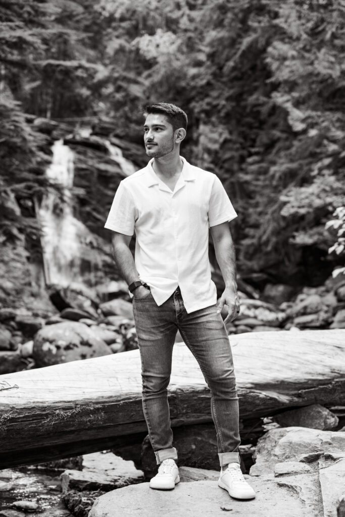 Man by waterfall taken by Idaho elopement photographer