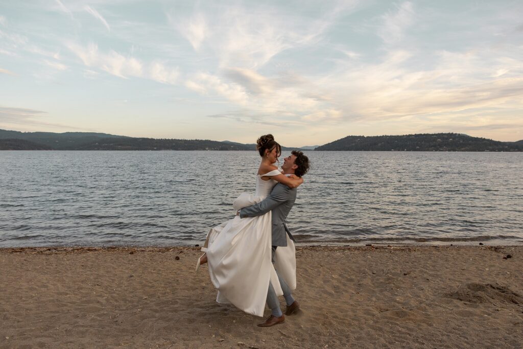 Husband picks up his new bride after eloping in Idaho at Lake McCall