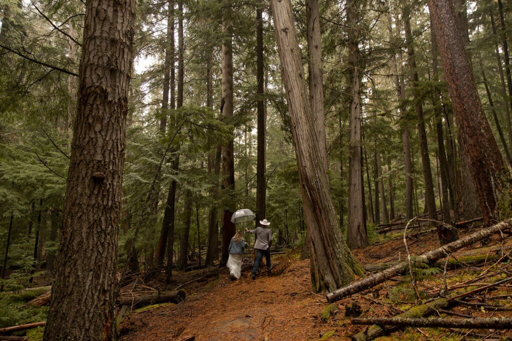 Couple walk through forest in the rain holding an umbrella while eloping in Idaho