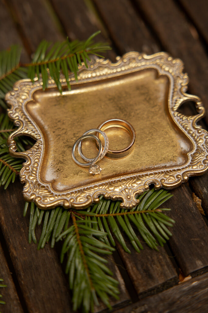 Wedding bands sit on a golden tray at elopements in Idaho